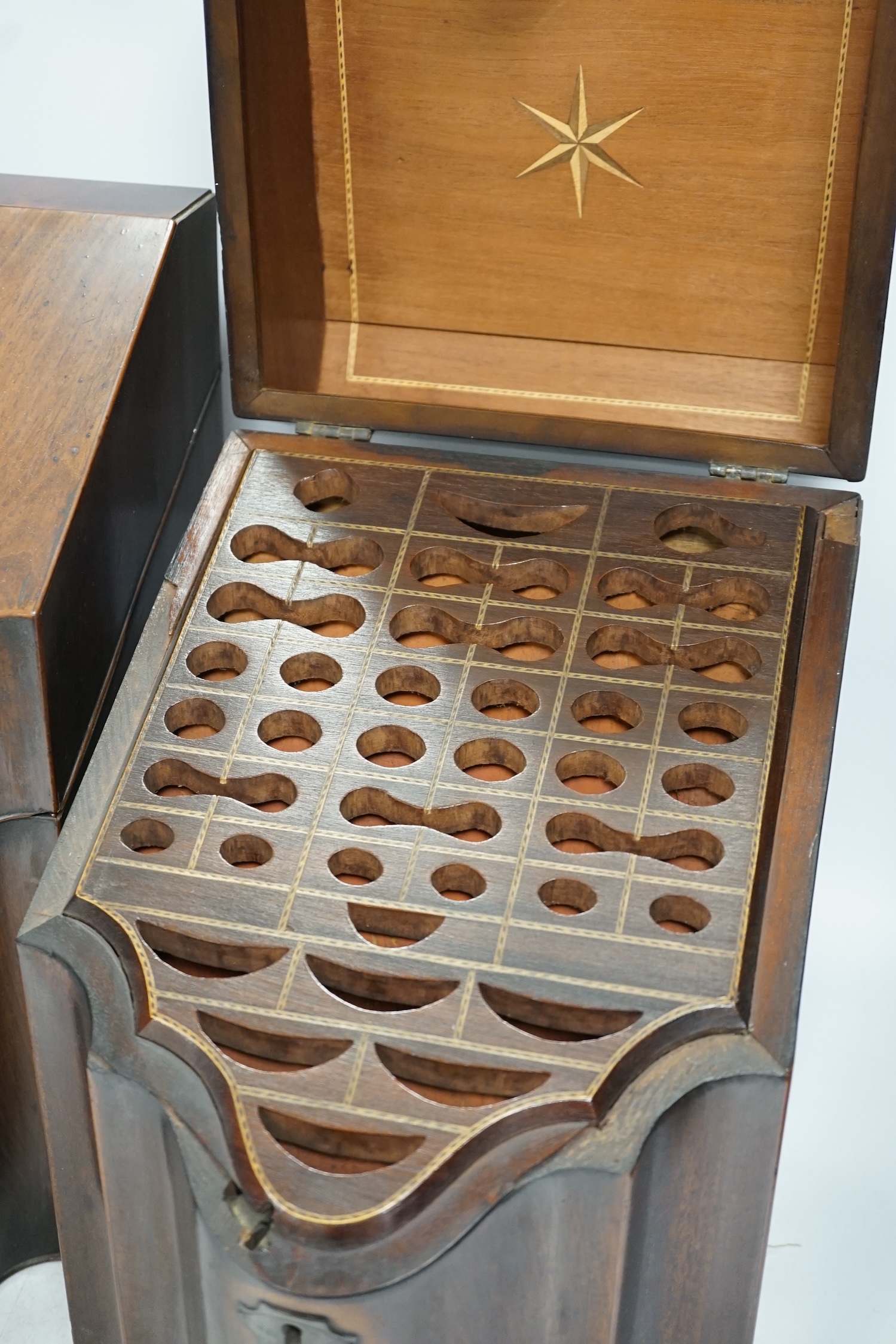A pair of George III mahogany knife boxes, 37cm tall. Condition - poor to fair